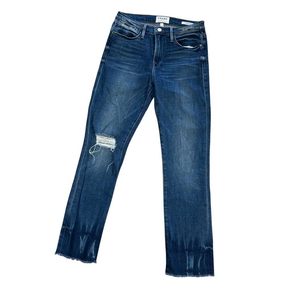 Frame Le High Straight‎ Jeans Merriweather Wash Raw Hem Stretch Sz 27